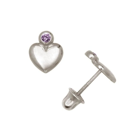 14K Solid White Gold 5mm Love Heart Screwback Earrings Set With Sparkling Stone - Picture 2 of 7